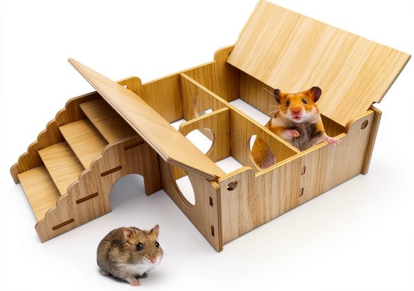 Hamiledyi Wooden Hamster Hideout Multi Chamber Flip Top-0