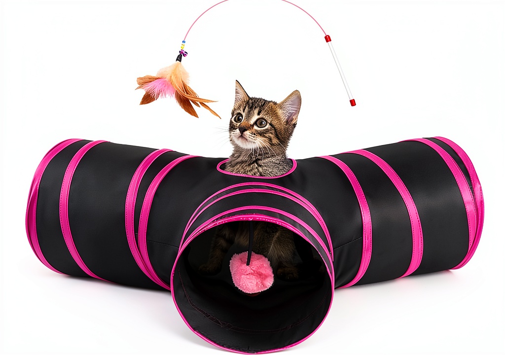 Cat playing inside the collapsible tunnel with peephole and ball toy
