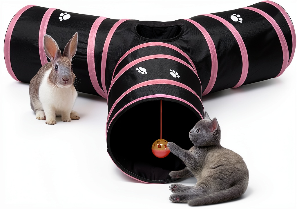 Installing Feesok Cat Tunnel 3 Way Pink Pet Toy for Small Animals on a wooden desk